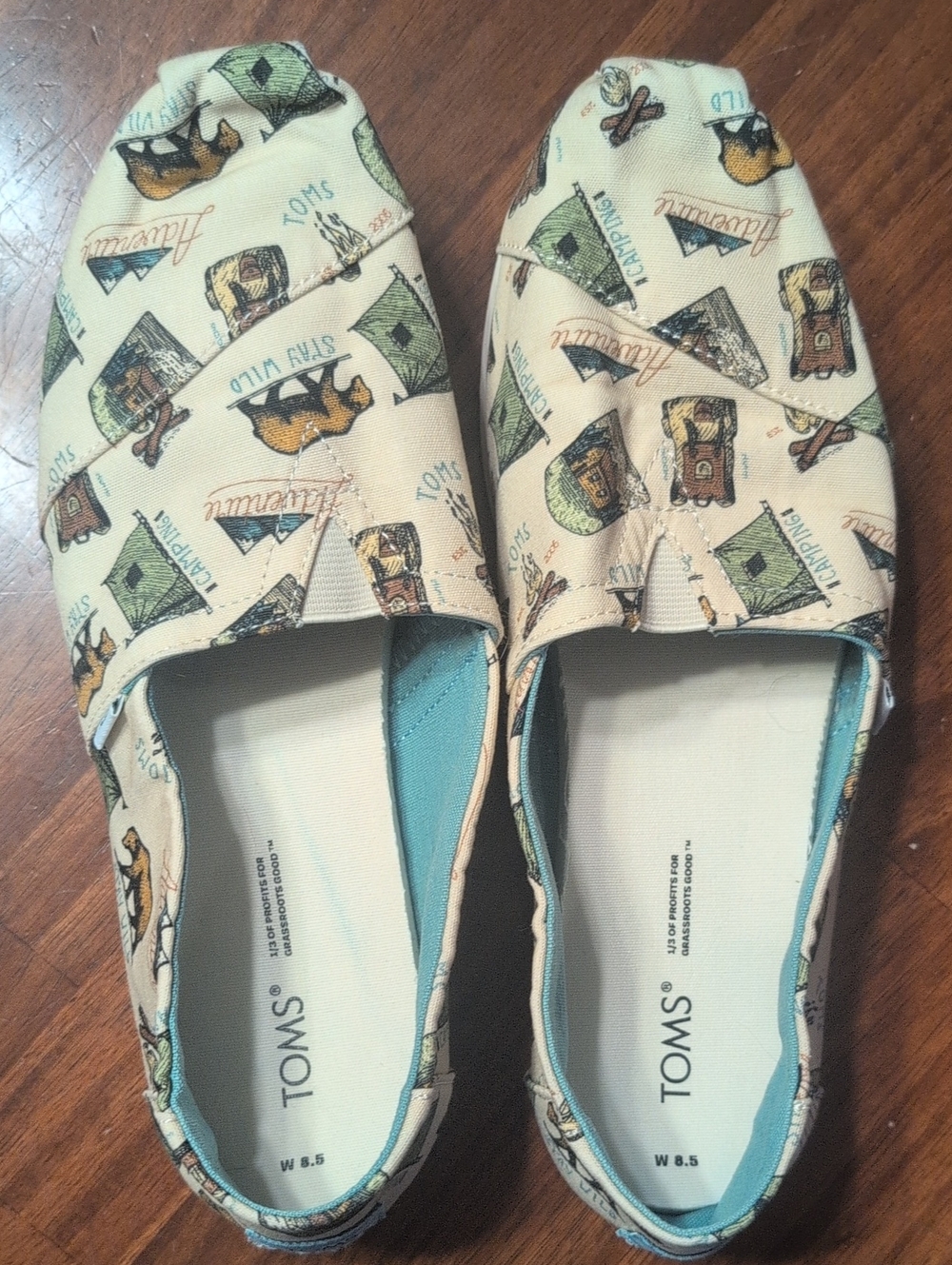 TOMS Cream Canvas Printed Alpargata Slip-Ons with Green & Brown Accents